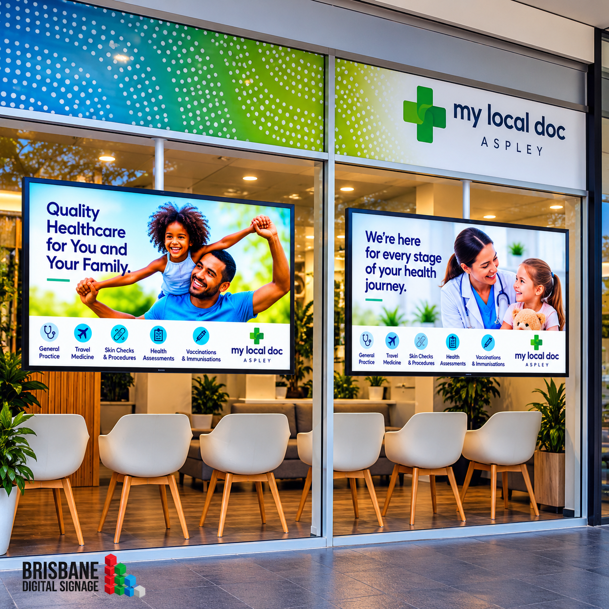 Two 75-inch 2500 nit digital window screens in the shopfront of My Local Doc doctor surgery, Aspley, Brisbane
