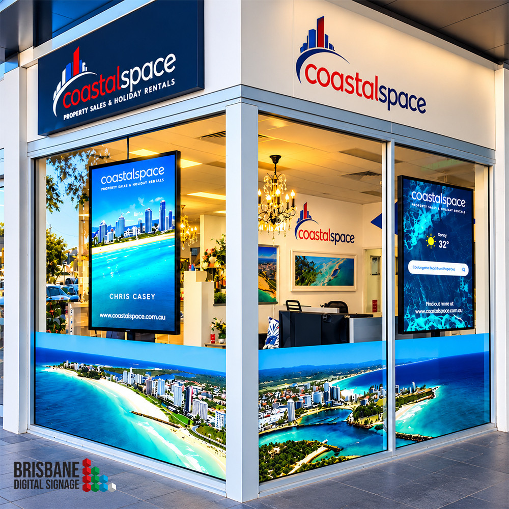 Two 55-inch 2500 nit digital window displays in the corner shopfront of Coastalspace real estate, Coolangatta, Gold Coast