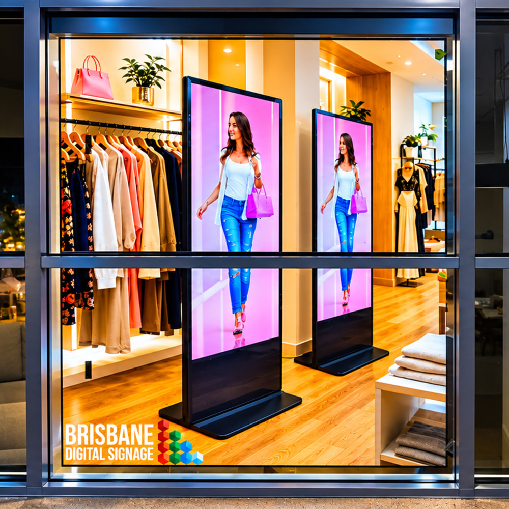 Two 55 inch 4K 4000 nit digital window signage screens in fashion retail shopfront