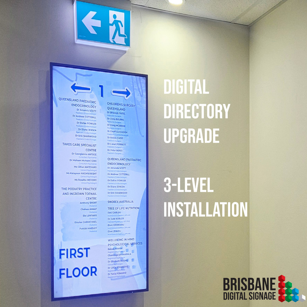Digital Directory Board in Medical Centre Foyer showing First Floor tenant list